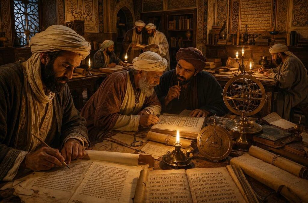 Medieval Islamic scholars in a candlelit Baghdad library translating Greek manuscripts into Arabic with geometric wall patterns and astronomical instruments