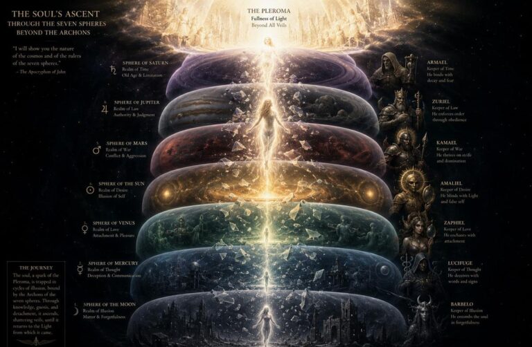 composition showing ancient Bethel wilderness below and cosmic heaven above connected by luminous ladder with archons