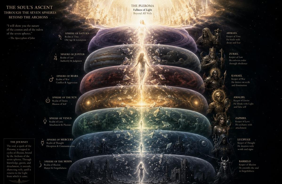 composition showing ancient Bethel wilderness below and cosmic heaven above connected by luminous ladder with archons