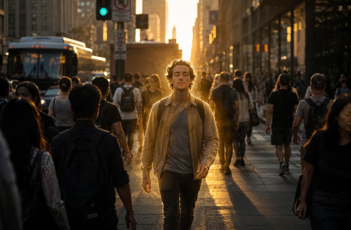 A person walking through a bustling city street with a subtle transparent golden aura, embodying liberation while living