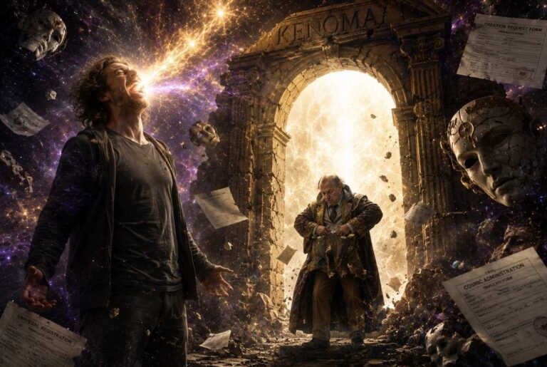 Solitary figure laughing in cosmic void before crumbling Kenoma archway, confused demiurge searching for keys, Pleroma light beyond