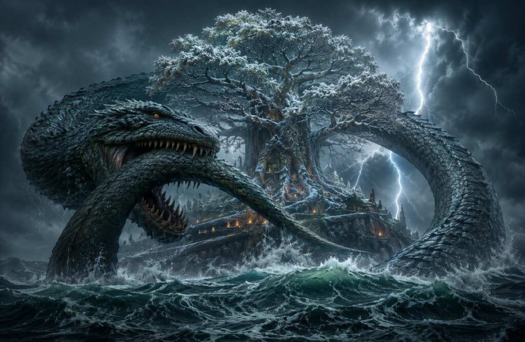 Norse Midgard Serpent encircling world tree Yggdrasil in stormy seas