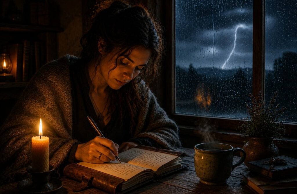 A person writing in a journal by candlelight with a storm visible through a rain-streaked window, representing the therapeutic use of myth during crisis