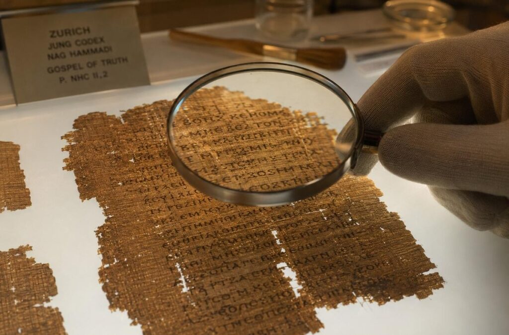 Ancient Coptic papyrus from the Jung Codex on a conservator's light table