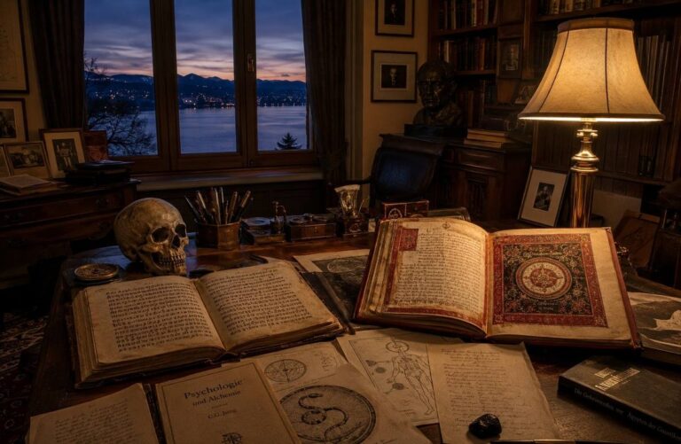 A mid-20th century scholarly study with Jung's Red Book, Coptic codex, and alchemical engravings