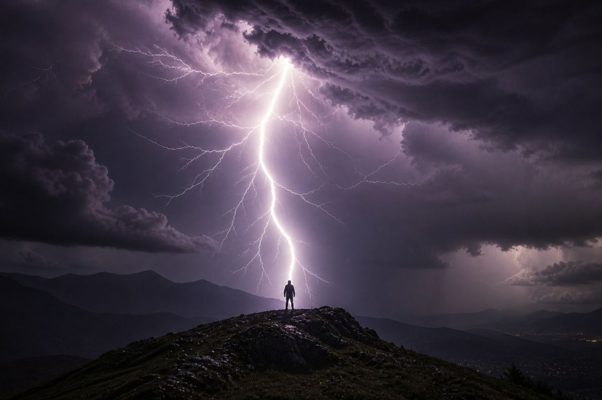 A single bolt of lightning striking through storm clouds illuminating a solitary figure on a hilltop, representing the sudden qualitative moment of kairos