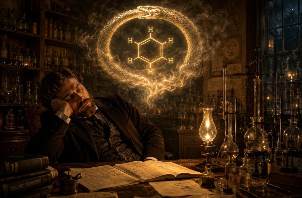 Victorian chemist dreaming of ouroboros becoming benzene ring