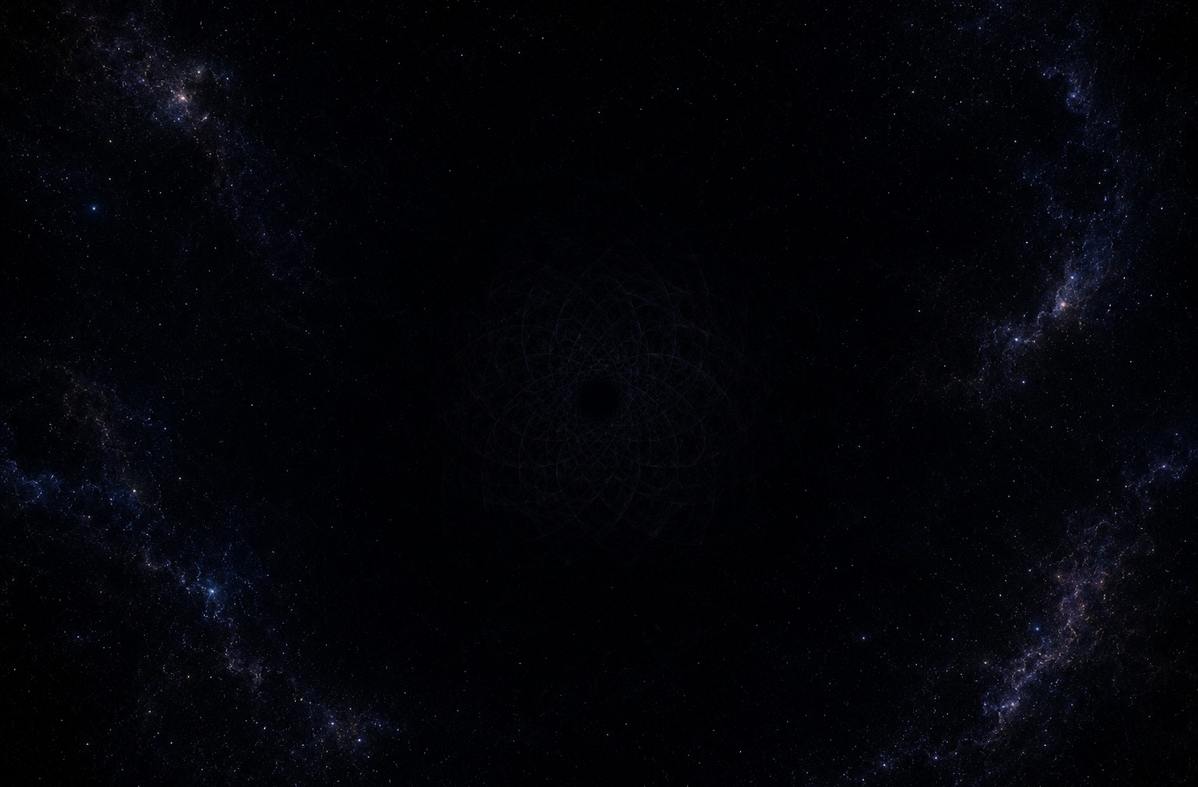 A vast cosmic void rendered in deep indigo and black, with faint threads of distant starlight at the edges suggesting emptiness that is not entirely empty