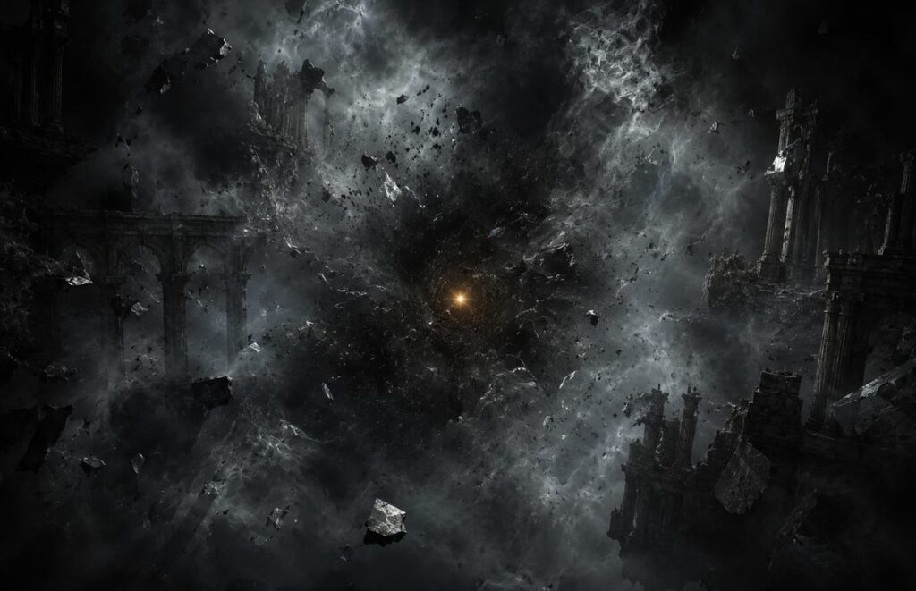 Dark chaotic void with swirling grey mist and a single golden spark