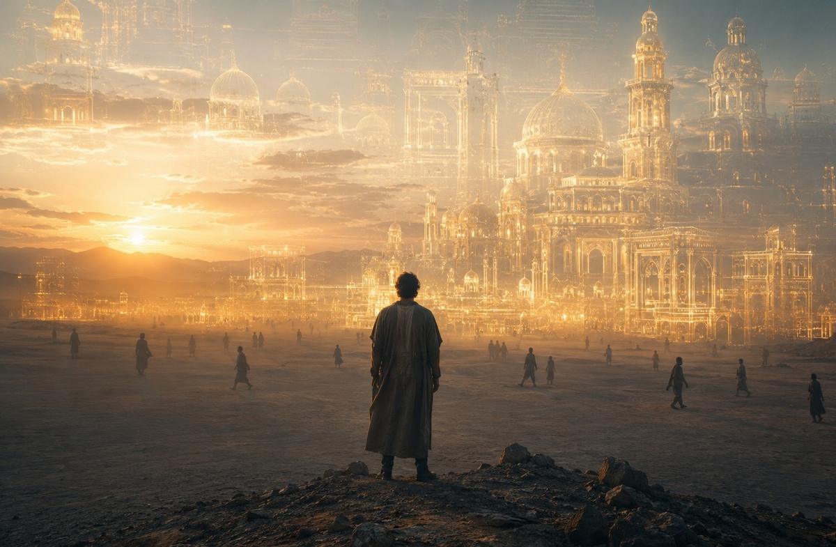 A figure in a desert at dawn with transparent golden architecture spread across sand and sky