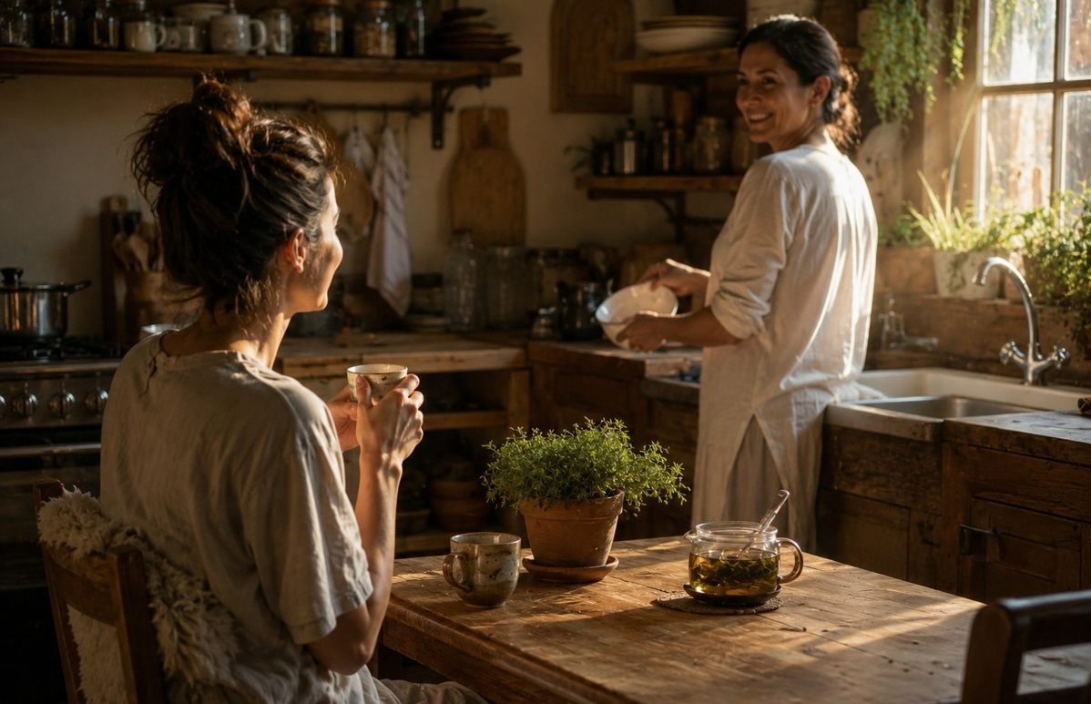 Two people sharing tea in simple kitchen, one washing dishes