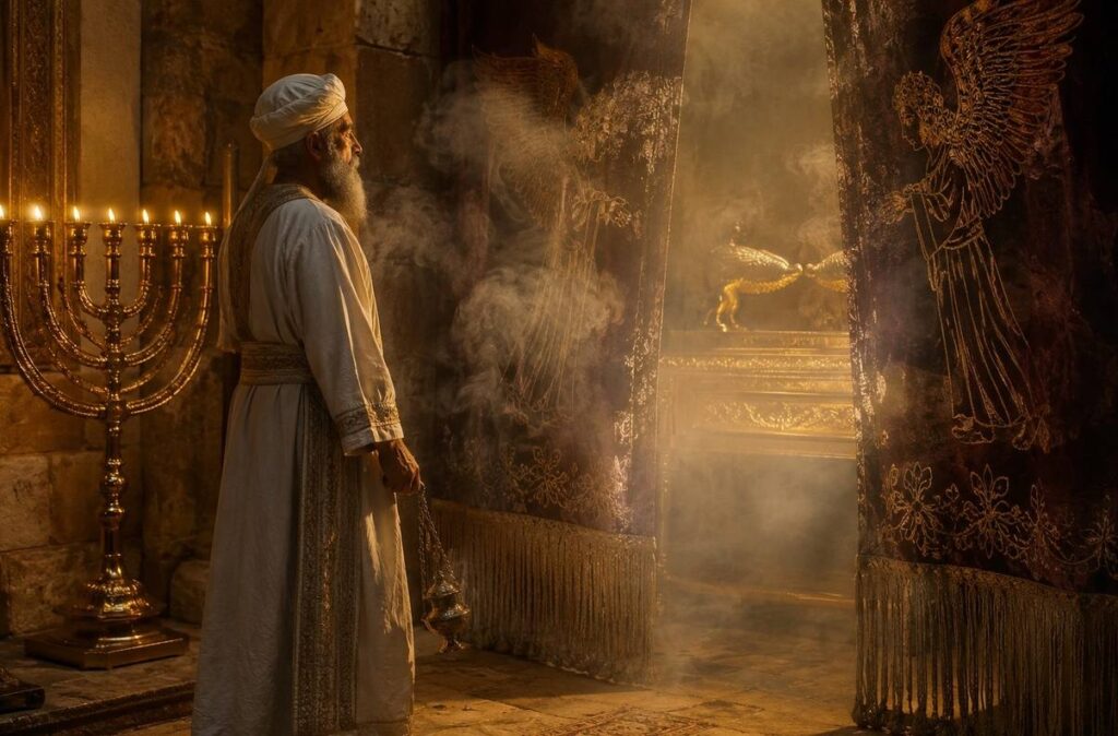 High Priest in white linen before the veil of the Holy of Holies with Ark of the Covenant