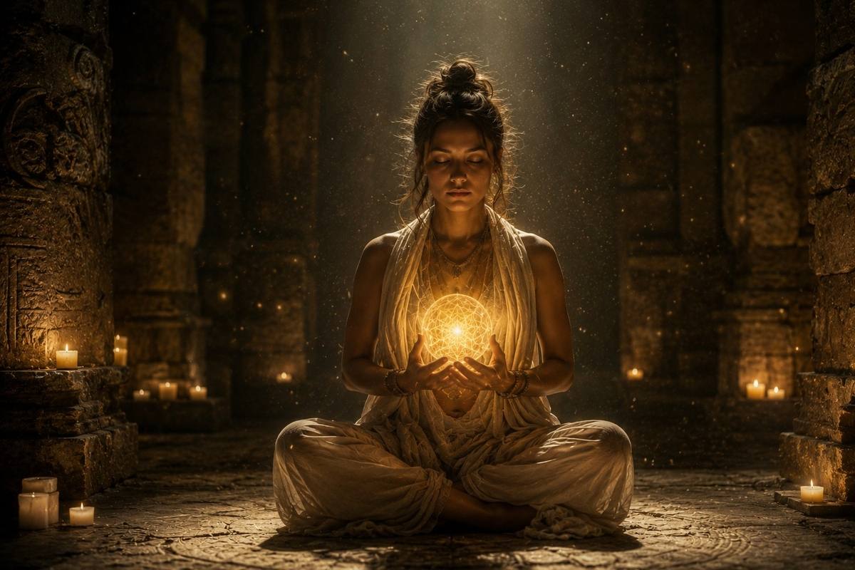 Meditator in ancient chamber with suspended breath visualised as golden light sphere at heart centre