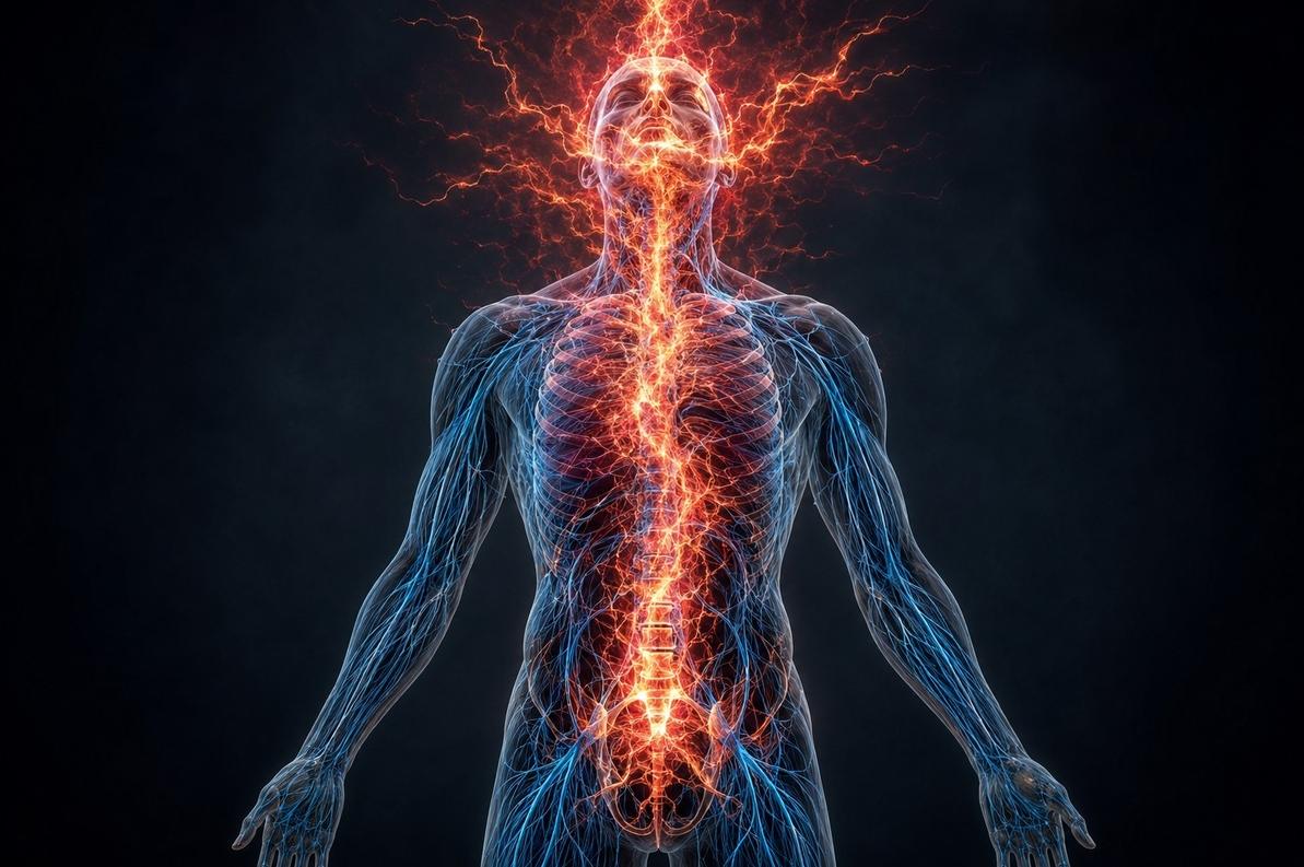 An anatomical illustration of a human figure with glowing energy channels and chakras overlaid on the nervous system, showing energy erupting chaotically from the base of the spine