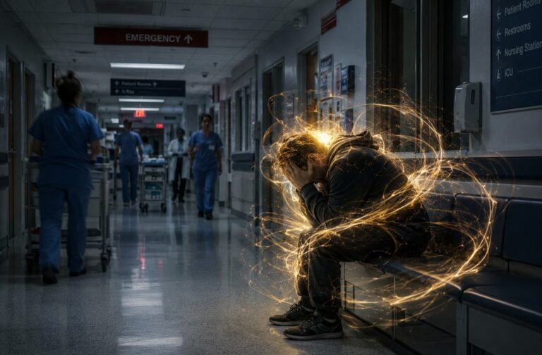 A lone figure sitting on a hospital bench at night with translucent golden energy spiralling chaotically around their body unnoticed by medical staff