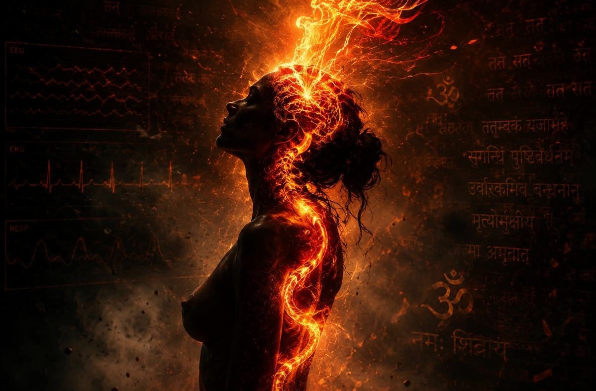 A human silhouette with a fiery serpent of energy erupting uncontrollably upward through the spine, surrounded by medical and spiritual symbols in dramatic chiaroscuro lighting