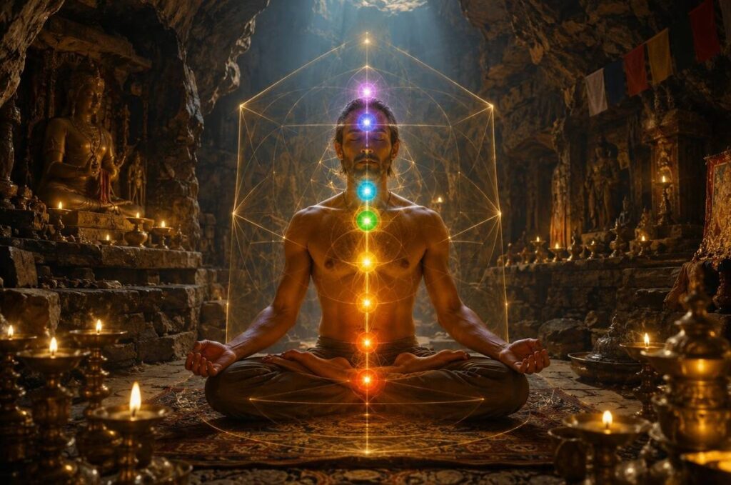 Meditator in lotus posture with illuminated spine and golden energy container