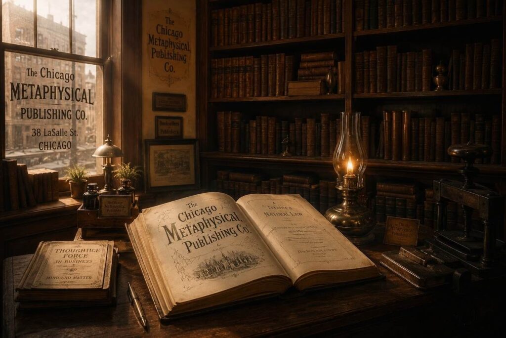 Vintage early 20th-century publishing house interior with leather books and an open manuscript, representing the modern preservation of ancient wisdom