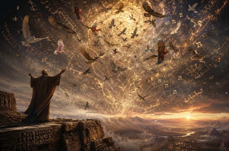 A solitary initiate listens as thirty birds spiral upward, their wingbeats tracing sacred scripts into a luminous cosmic vortex