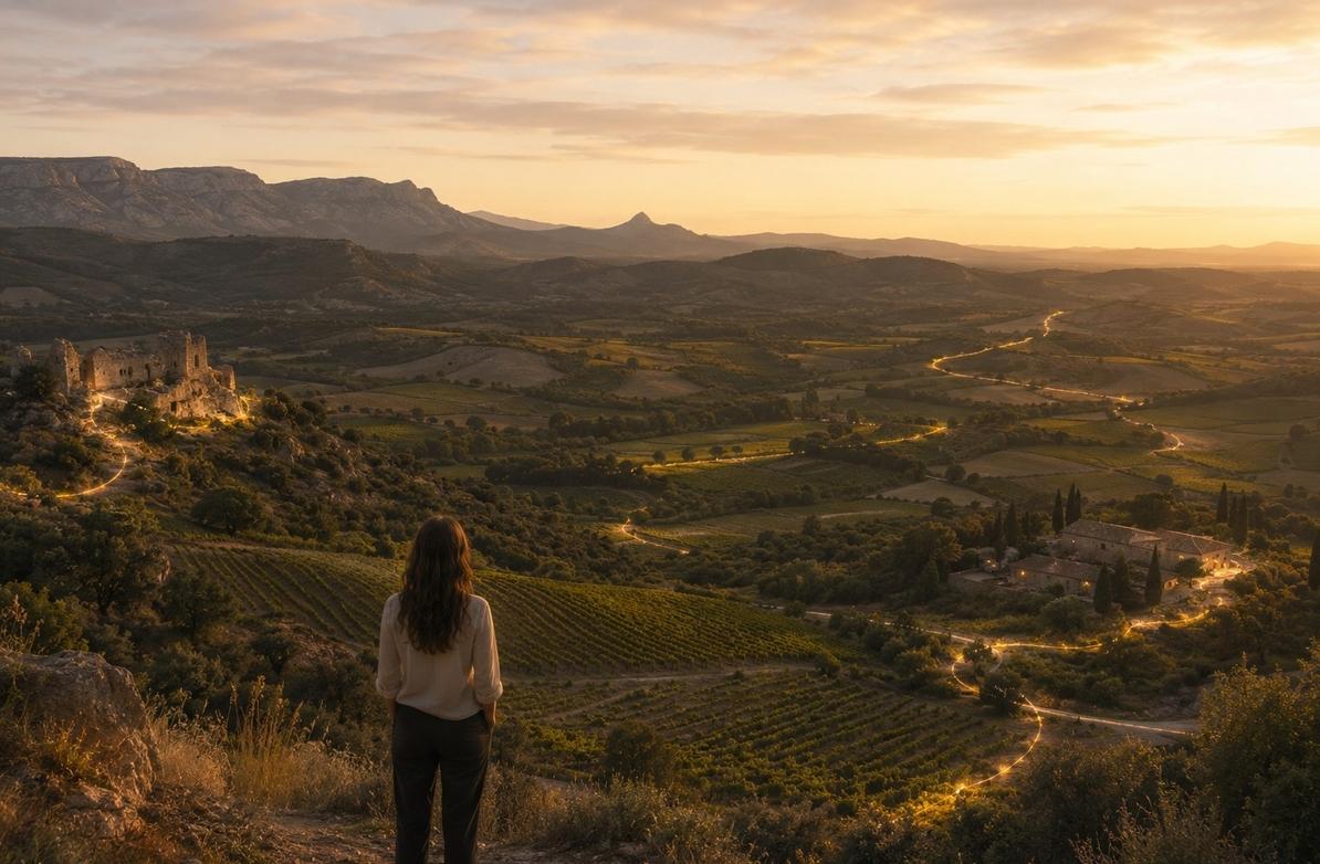 Modern Languedoc landscape with faint golden threads visible in evening light