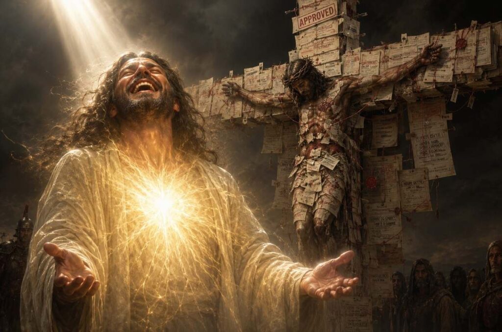 Luminous Gnostic saviour figure laughing, light breaking through a crucifixion scene where the cross is made of bureaucratic paperwork and red tape