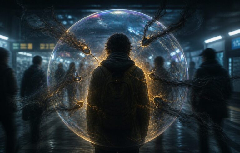 Solitary human figure from behind in dim underground station, translucent auric sphere with tears and holes, dark smoke seeping in while golden light leaks out