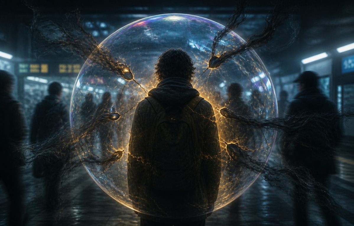 Solitary human figure from behind in dim underground station, translucent auric sphere with tears and holes, dark smoke seeping in while golden light leaks out