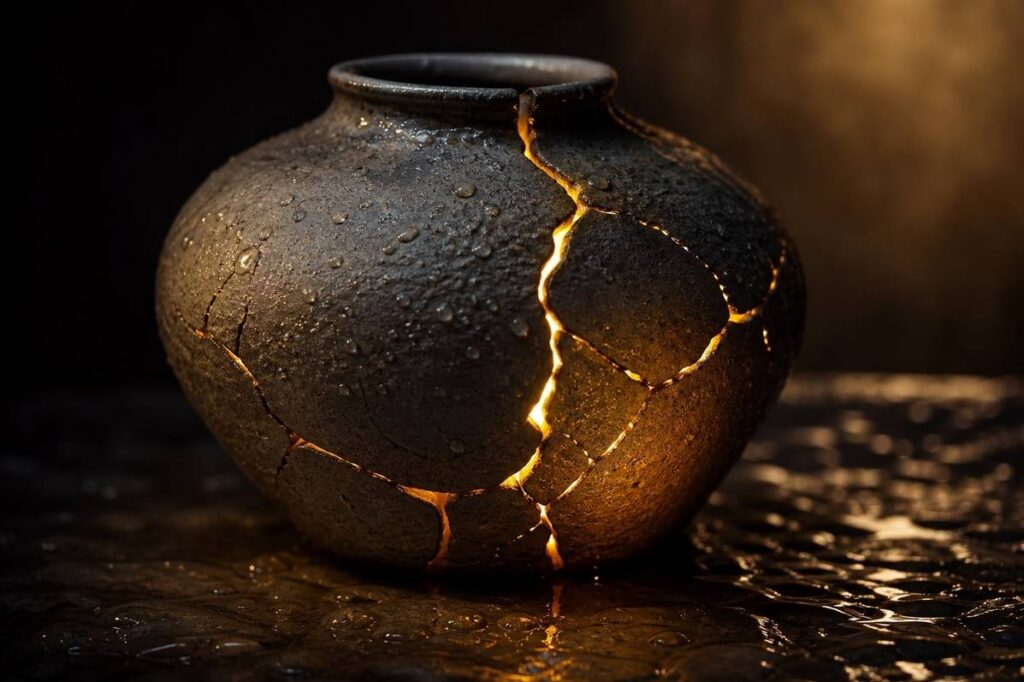 Close-up of a cracked ceramic vessel with golden light leaking from fractures against dark background