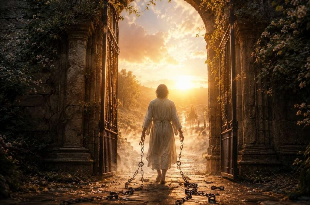 Solitary figure walking through stone gate into light with chains falling behind