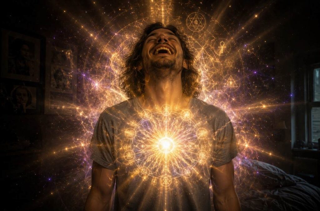 Modern person laughing uncontrollably with geometric light patterns and Gnostic symbols radiating from their chest in a dark room