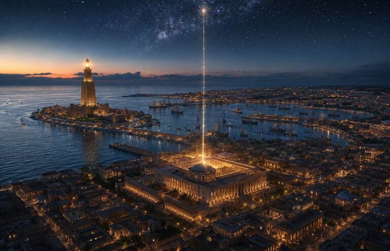 Aerial view of ancient Alexandria at twilight with the Pharos lighthouse, Great Harbour trading ships, and the Library complex glowing with warm oil lamp light connected to stars by a golden thread