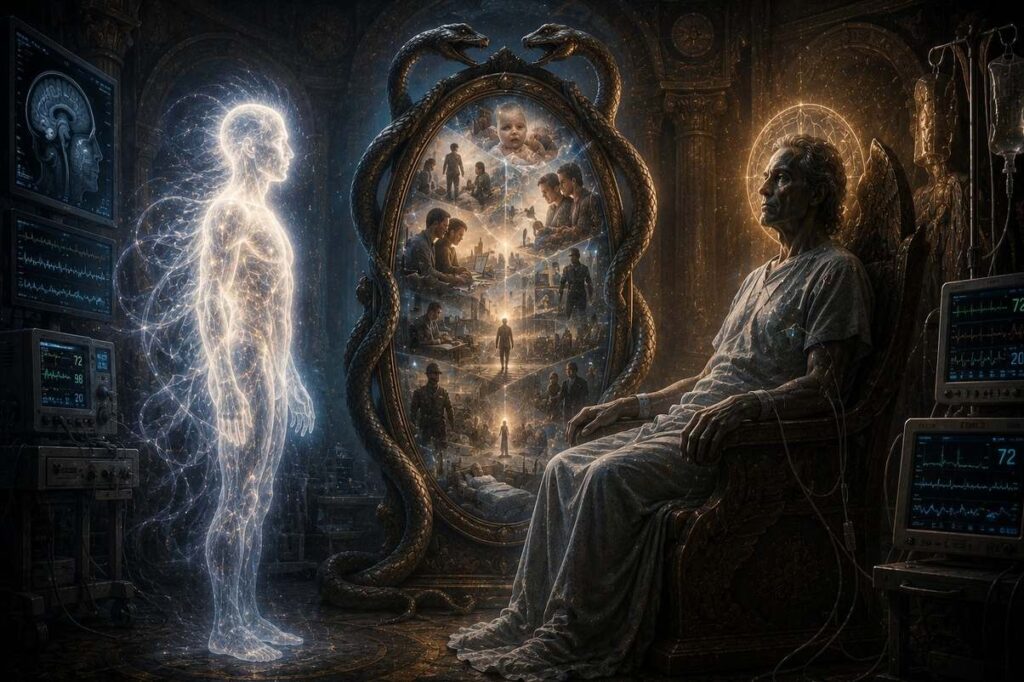 A luminous being before a seated judge-figure, with a mirror showing rapid life events framed by two serpents.