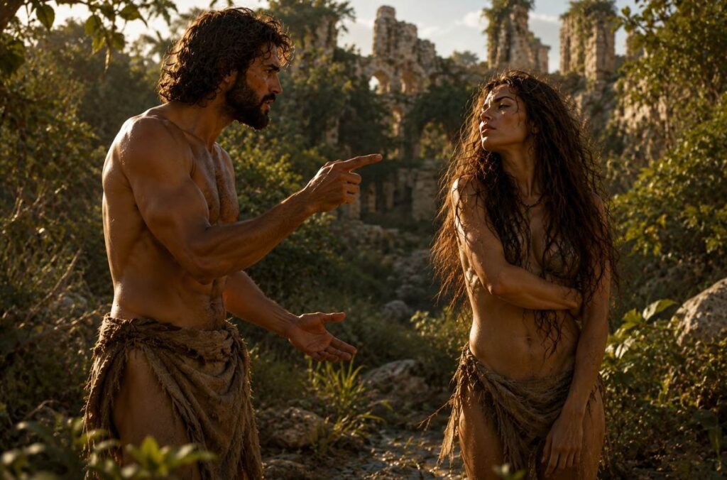 recreation of Adam and Lilith arguing in ancient garden under dramatic golden light
