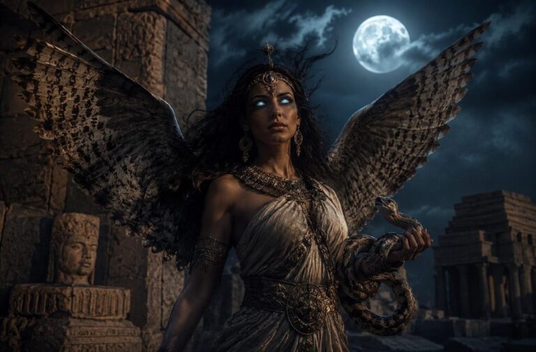 Ancient Mesopotamian night goddess with owl wings and serpent in desert ruins under full moon