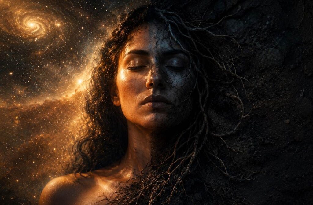 Split-portrait of woman half in shadow with roots and half in starlight with galaxies