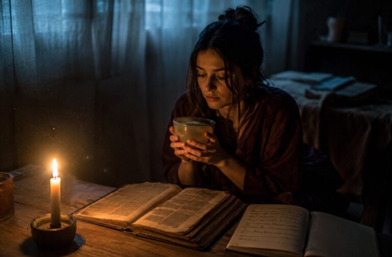 A solitary figure at a wooden table before dawn with candlelight and ancient texts, representing Neo Gnostic daily remembrance.