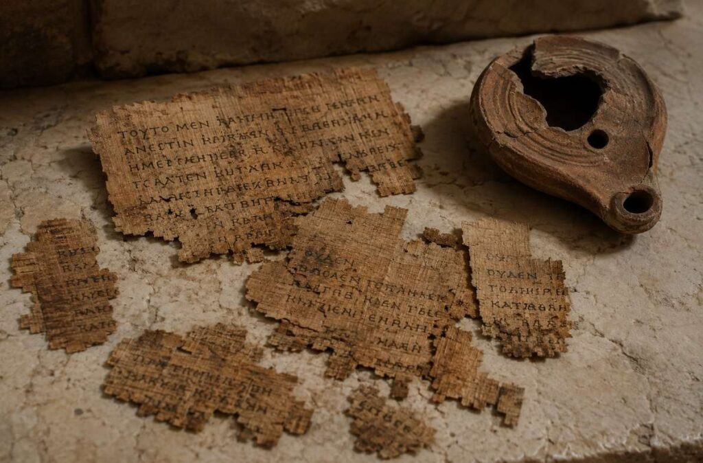 Weathered fragments of ancient papyrus with barely legible Greek text scattered on marble with a broken clay oil lamp