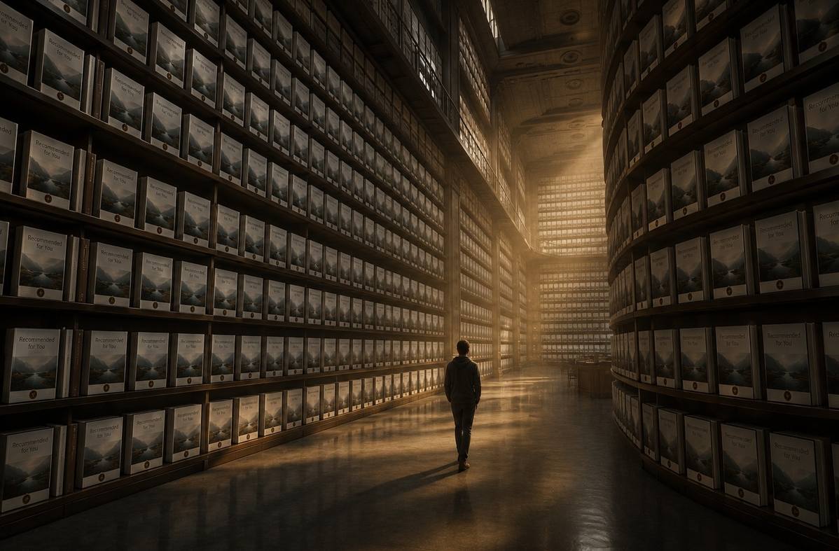 Solitary figure wandering through an endless modern library where all books have identical covers