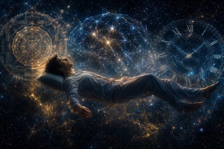 Sleeper floating in star-filled void with mandala, neural network, and clock symbols