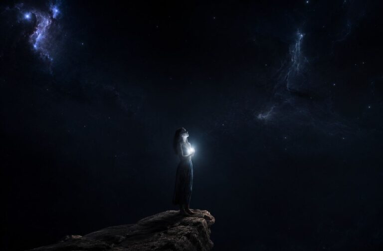 A solitary figure at the edge of an infinite cosmic void with bioluminescent light emerging from their chest, representing the Gnostic kenoma and luminous darkness