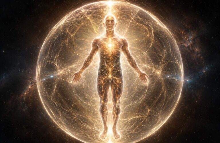 human figure surrounded by translucent white-gold luminous sphere of light