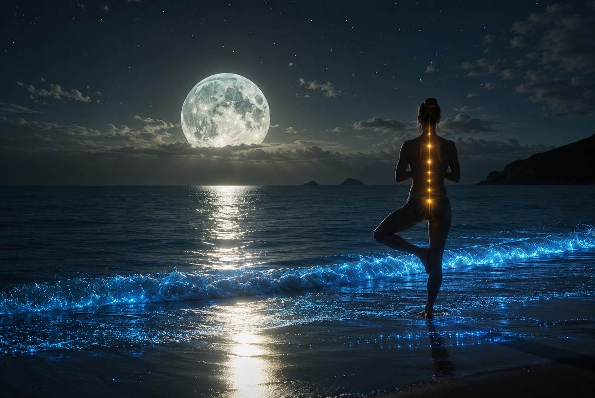 Full moon over ocean with bioluminescent waves and meditating figure on shoreline