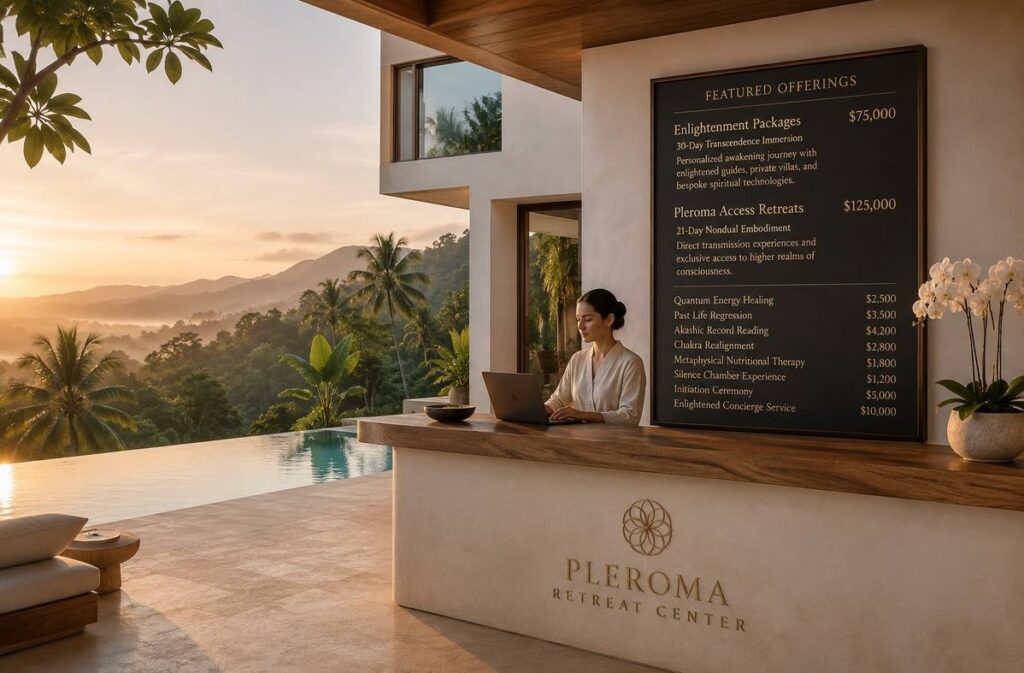 Luxury spiritual retreat centre with infinity pool and high price tags on a menu board