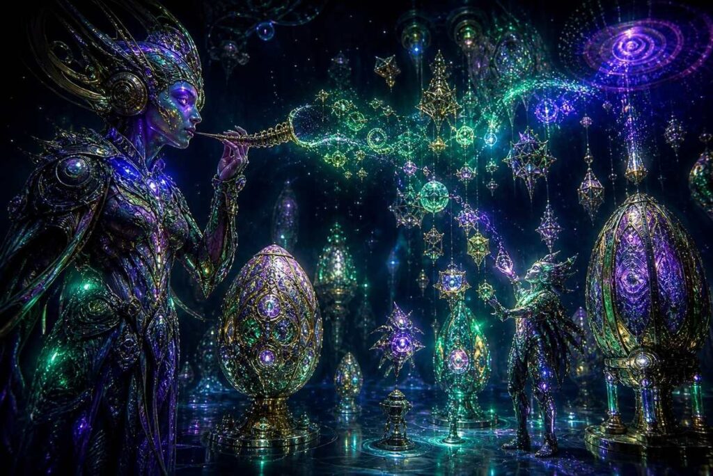 Self-transforming machine elves in hyperdimensional space, luminous Faberge-egg structures, visual language condensing into rotating geometries