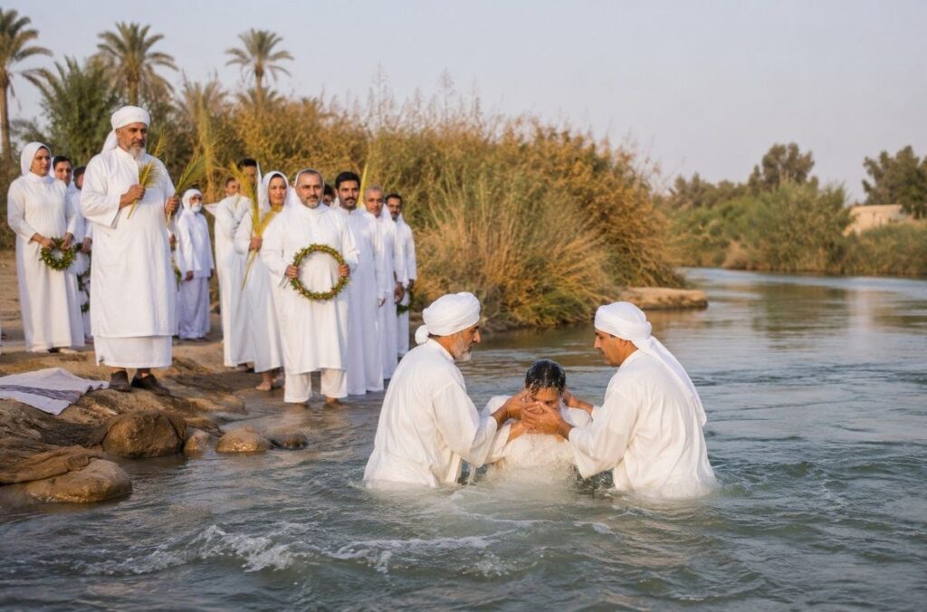 Mandaean priests immersing a layperson in a flowing river during baptism ceremony