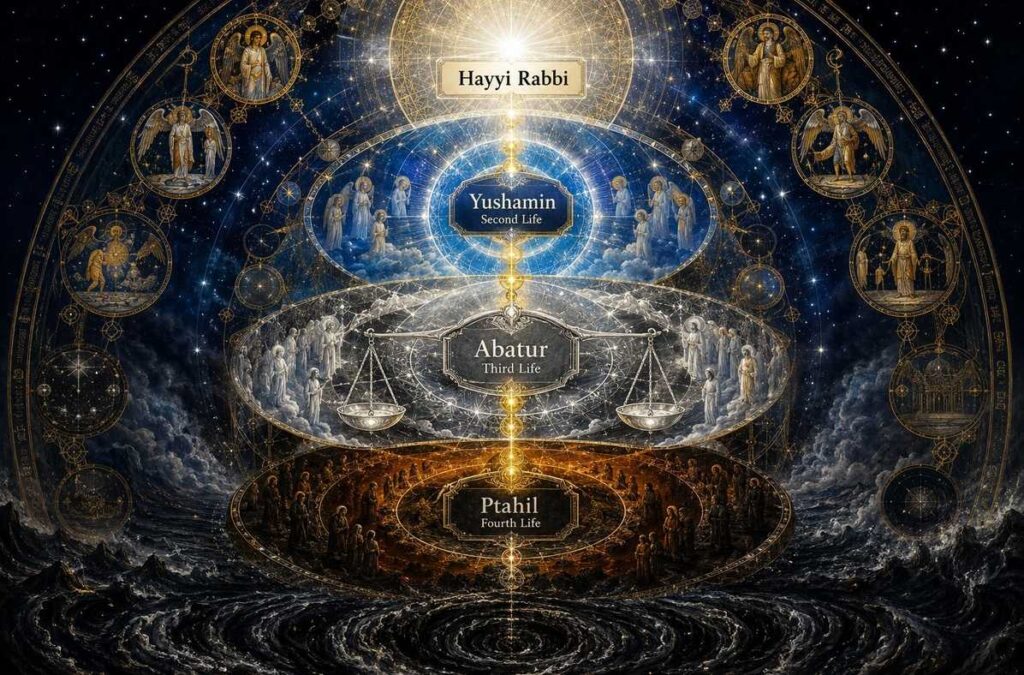 Cosmic mandala showing Mandaean emanation chain from First Life to Fourth Life