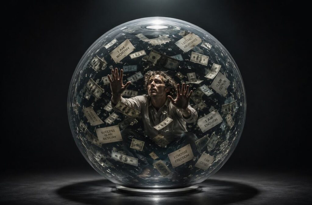 A person trapped inside a glass sphere with floating money and affirmation cards, representing the commodified prison of toxic manifestation