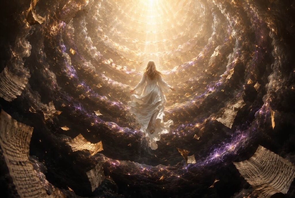 Mary Magdalene in luminous white robes ascending through seven rings of shadow into golden light, manuscript pages floating like butterflies