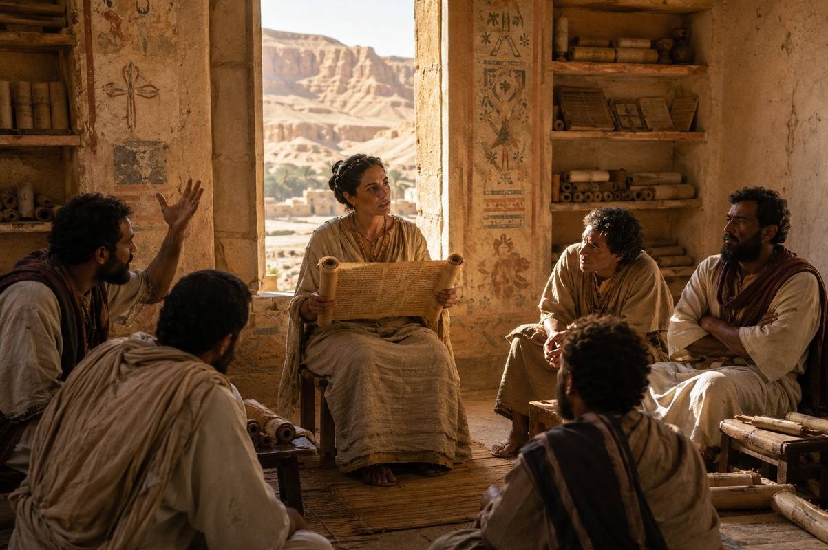 A woman holding a scroll before male disciples in a third-century Coptic library