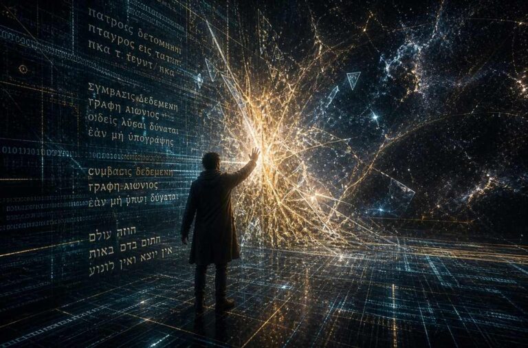 A lone figure at the centre of a vast luminous grid of holographic contractual text, fracturing the matrix with a gesture of refusal.
